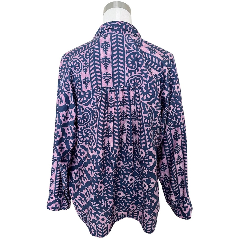 Xírena Ikat Long Sleeve Button Up Shirt Blouse Kiran Cotton Silk Purple Blue S - Picture 3 of 10